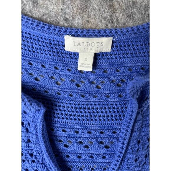 Talbots Sweater Women's Small Blue 100% Cotton Crochet Long Sleeve V-Neck Slit - Picture 5 of 10